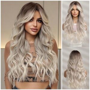 🆕Butterfly Bangs Long Curly Wavy Ombre Blonde Wig Synthetic Fibre Wigs 26"